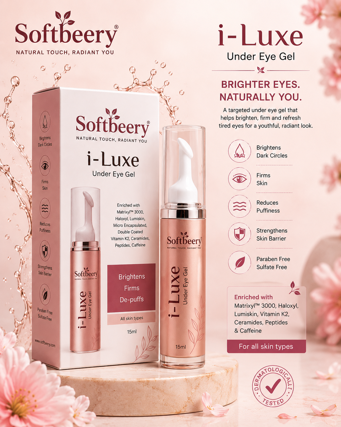 SOFTBEERY i-Luxe Under Eye Gel with Matrixyl 3000 & Peptides (15ml) - Image 3